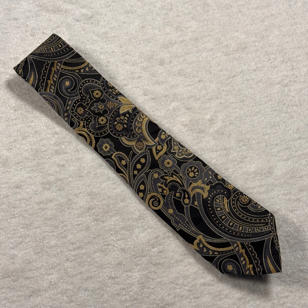 Croft & Barrow Silk Paisley Jacquard Tie Black Gold Classic Dress Necktie
